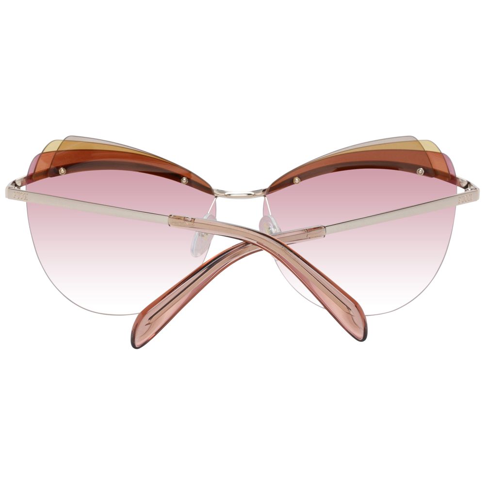 Emilio Pucci Gold Metal & Plastic Sunglasses with gradient rose lenses, rimless cat eye style, UV protection for women.