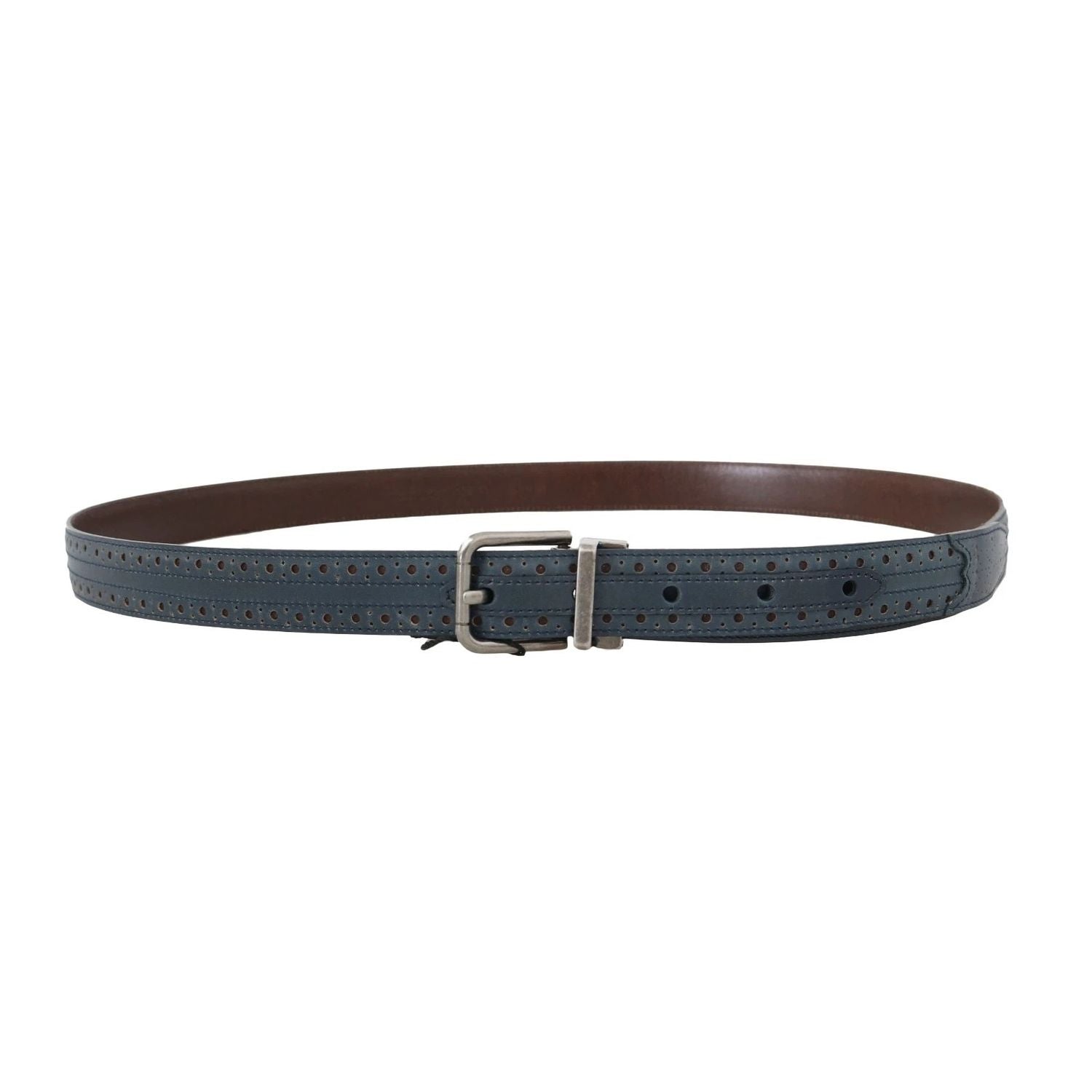 Dolce & Gabbana Blue Perforated Leather Gray Buckle Belt