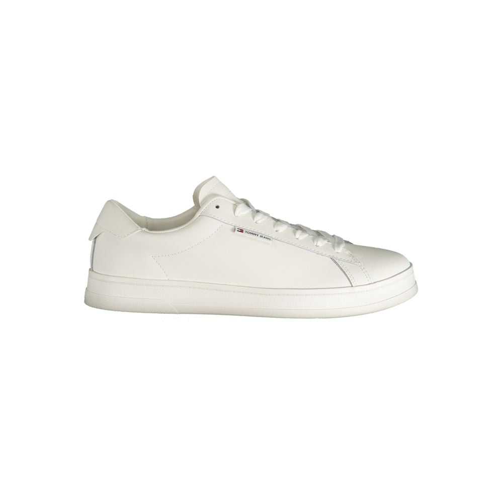 Tommy Hilfiger White Polyester Sneaker, sports footwear with laces and logo, side view on white background.