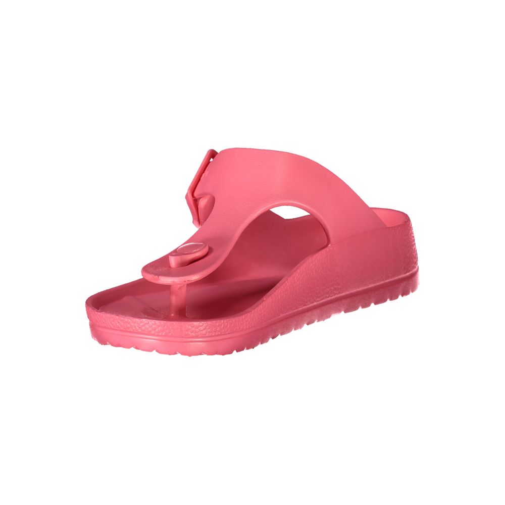 Norway 1963 Pink Plastic Women Sandal with adjustable buckle and bold print design.