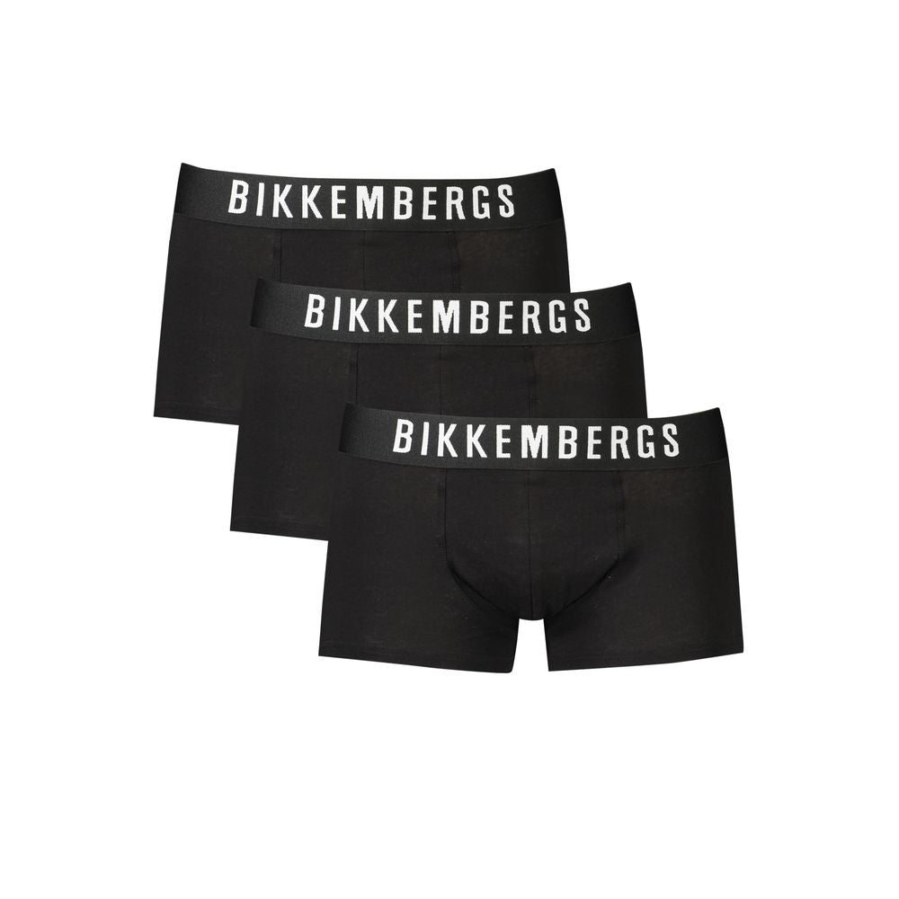 Bikkembergs Black Cotton Underwear tri-pack with elastic waistband and logo, featuring elegance and comfort.