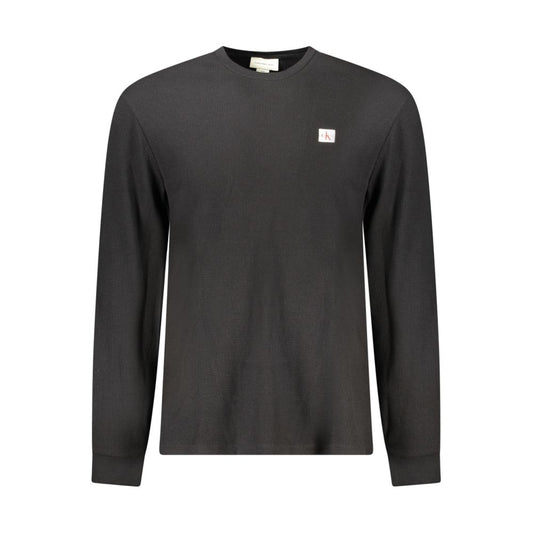 Calvin Klein Black Cotton Men Sweater with classic crew neck and logo, long-sleeved stylish tee ideal for fashion-forward wardrobes.