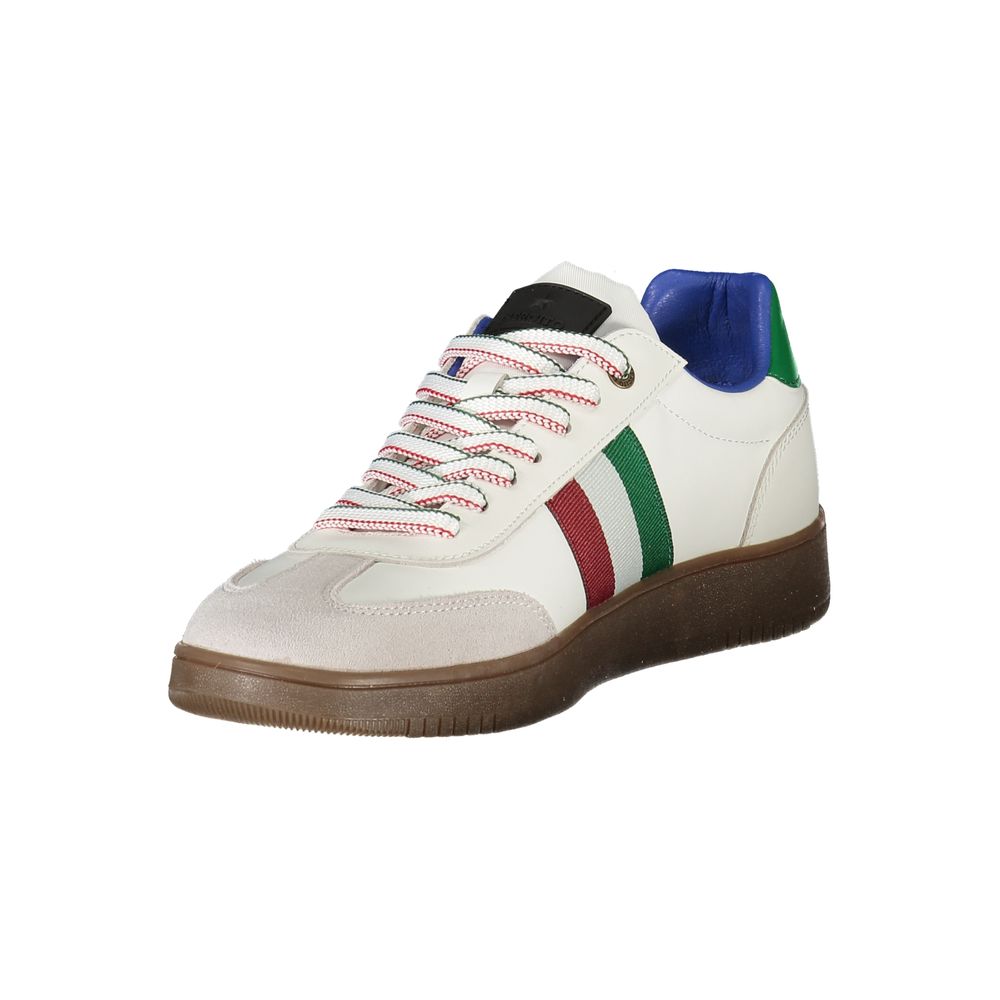 Esercito 1659 White Leather Men Sneaker with contrasting red and green accents, featuring iconic logo design on white background.