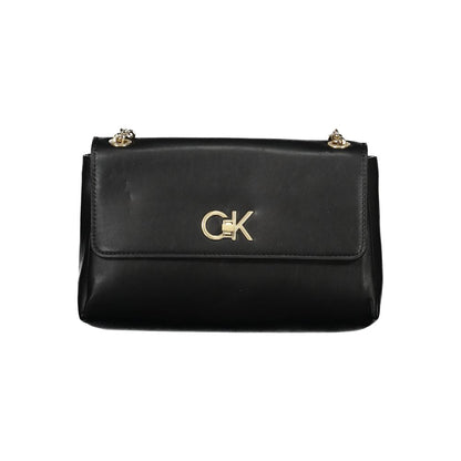 Calvin Klein Black Polyester Handbag with gold chain handles and logo, featuring swivel closure and multiple pockets.