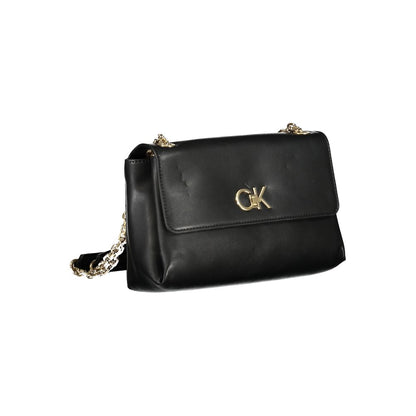 Calvin Klein Black Polyester Handbag with chain shoulder handles and logo emblem.