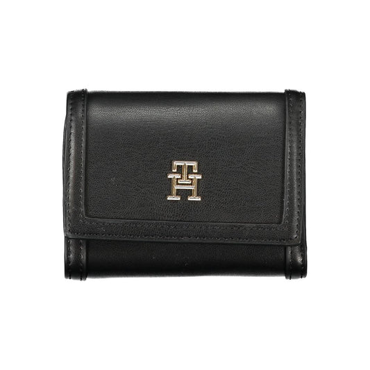 Alt Tag: Tommy Hilfiger Black Polyethylene Wallet with double card spaces, coin purse, contrasting details, zip, automatic closure, logo.