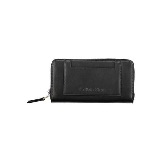 Calvin Klein Black Polyester Wallet with zip closure, 5 compartments, coin purse, card spaces, external pocket, and logo