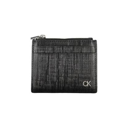 Calvin Klein Black Leather Wallet with card holder, central pocket, zip closure, and logo