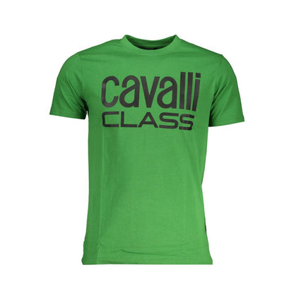 Cavalli Class Green Cotton T-Shirt with short sleeves, crew neck, and logo print front view