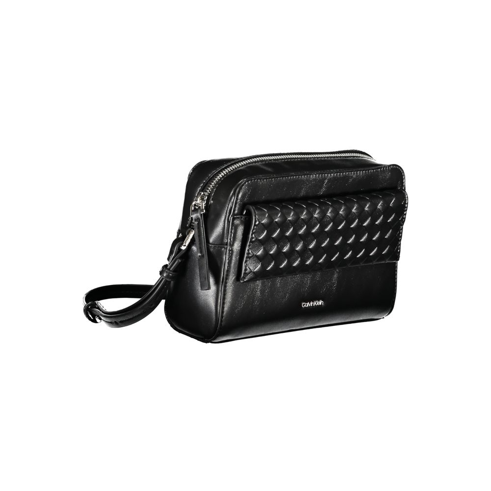 Calvin Klein Black Polyester Handbag with adjustable strap, external pocket, contrasting details, and logo on front.