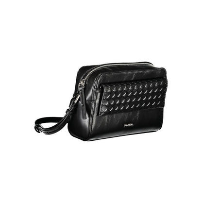 Calvin Klein Black Polyester Handbag with adjustable strap, external pocket, contrasting details, and logo on front.