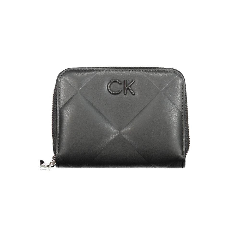 Calvin Klein Black Polyester Wallet with RFID blocking and zip closure, featuring a logo and contrasting details. Made of 50% recycled polyester.