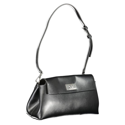Calvin Klein Black Polyester Handbag with adjustable removable strap, internal pocket, snap closure, and logo, made from 50% recycled polyester.