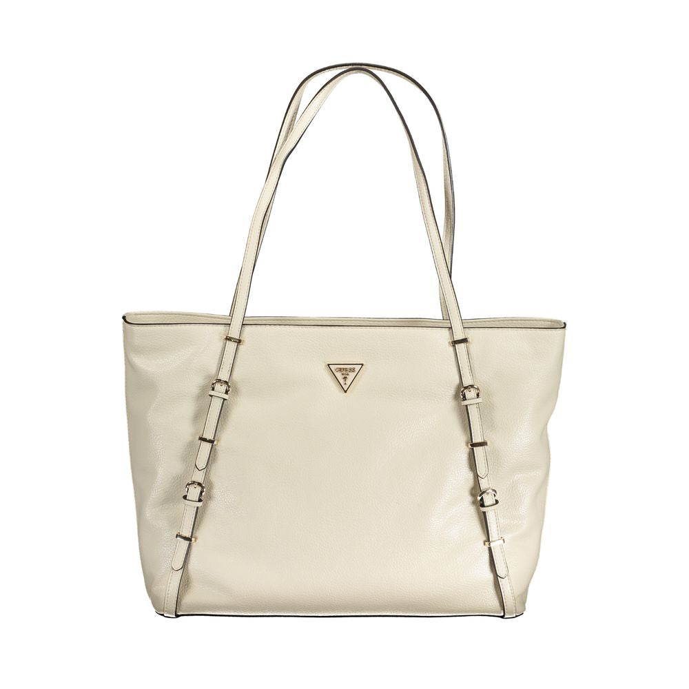 Guess Jeans Beige Polyethylene Handbag with dual shoulder handles and zip closure, featuring logo and protective feet.