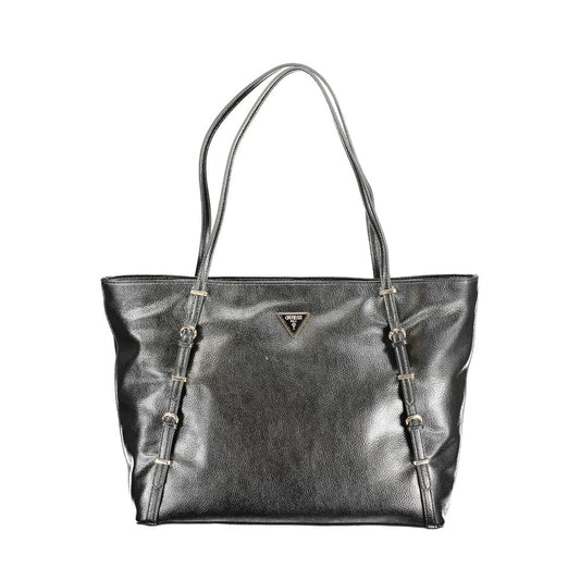 Guess Jeans Black Polyethylene Handbag with two shoulder handles, external and internal pockets, and protective feet.