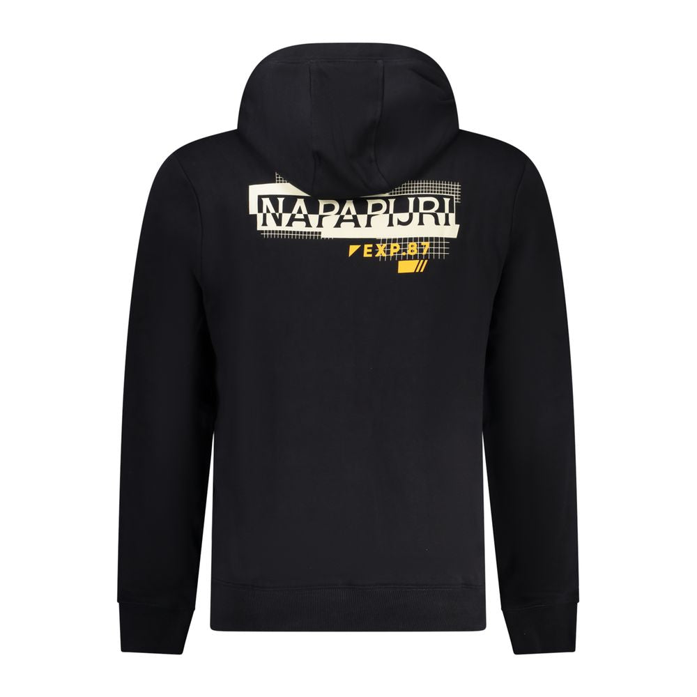 Napapijri Black Cotton Men Sweater with logo and print, stylish regular-fit hoodie, black color, long sleeves, central pocket visible.