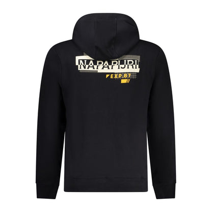 Napapijri Black Cotton Men Sweater with logo and print, stylish regular-fit hoodie, black color, long sleeves, central pocket visible.