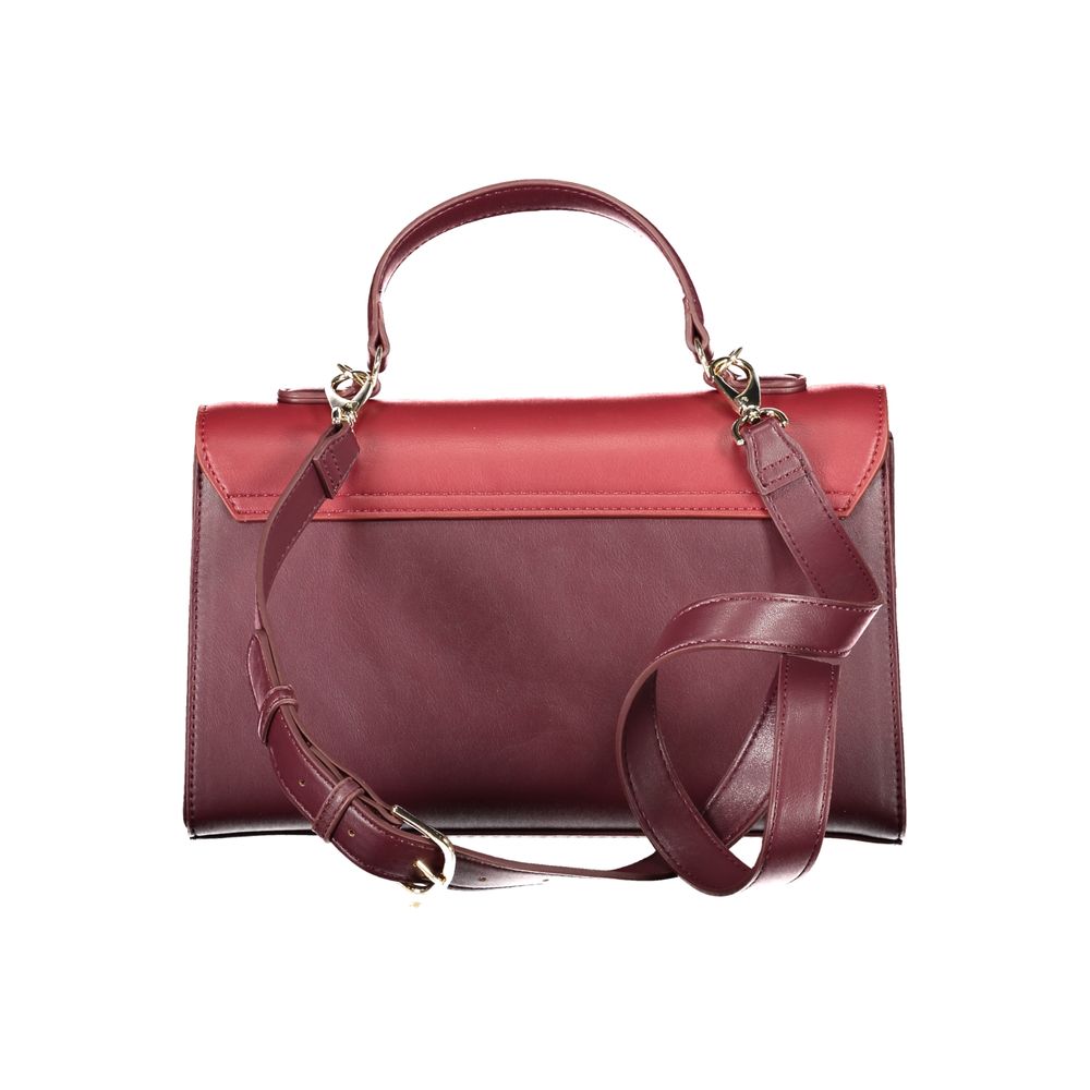 Alt Tag: Mario Valentino Red Polyethylene Handbag with adjustable strap, multiple compartments, protective feet, and logo details.