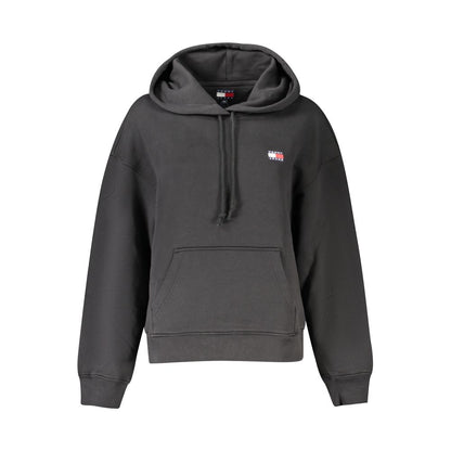 Tommy Hilfiger Black Cotton Women Sweater with hood and logo embroidery, showcasing sleek design and central pocket for stylish casual wear.