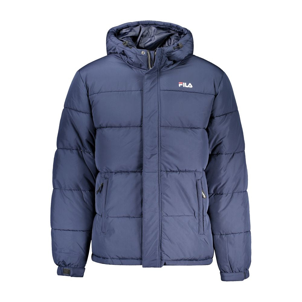 Fila Blue Polyester Jacket with hood, long sleeves, and water-repellent fabric, featuring external and internal pockets.