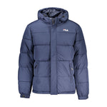 Fila Blue Polyester Jacket with hood, long sleeves, and water-repellent fabric, featuring external and internal pockets.