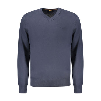 Hugo Boss Blue Cotton Sweater with long sleeves, V-neck, and embroidered logo