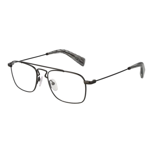 Yohji Yamamoto Gray Men Glasses Frame, gunmetal metal full-rim rectangle eyeglasses with 51-18-145 dimensions and demo lenses.