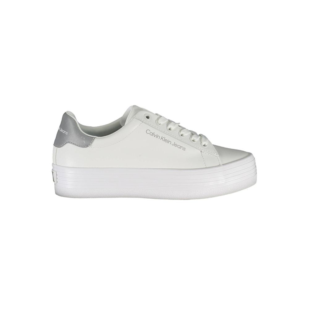 Calvin Klein White Polyester Sneaker, 100% recycled, sports shoe with laces, contrasting details, and logo print.