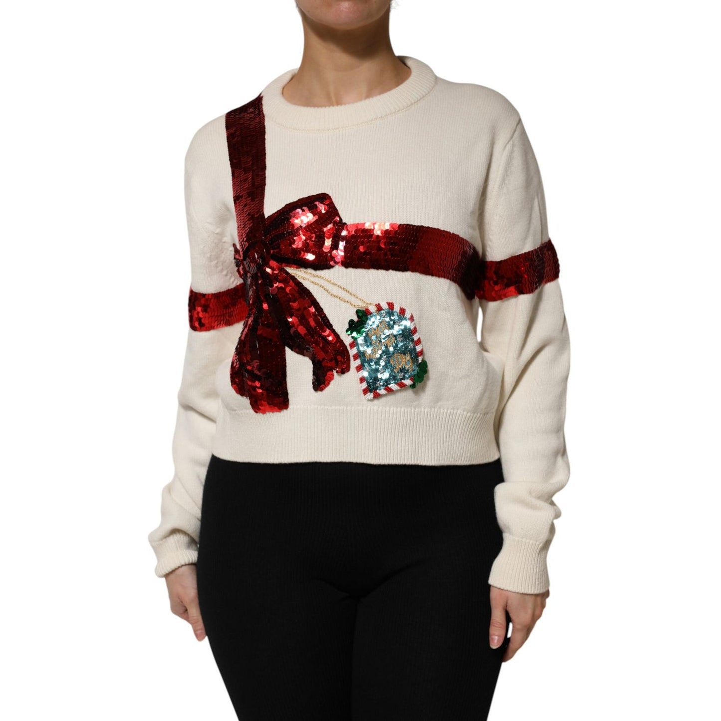 Dolce & Gabbana White Sequined Crew Neck Pullover Sweater