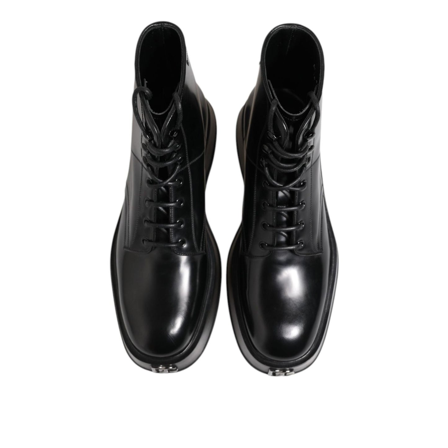 Dolce & Gabbana Black Leather Logo Ankle Boots Lace Up Shoes