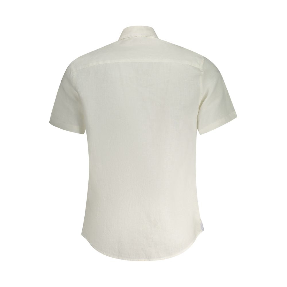 Back view of North Sails White Linen Shirt with short sleeves and Italian collar, featuring buttons and embroidery.