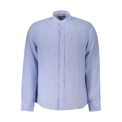 North Sails Blue Linen Shirt with long sleeves, Korean collar, button cuffs, and embroidered logo, ocean positive design.