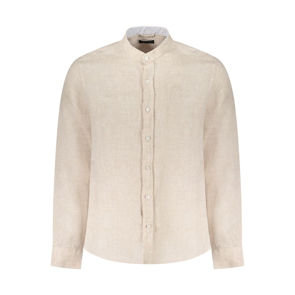 North Sails Beige Linen Shirt with long sleeves, Korean collar, 1-button cuffs, and logo embroidery, Ocean Positive design.