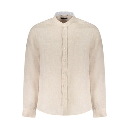 North Sails Beige Linen Shirt with long sleeves, Korean collar, 1-button cuffs, and logo embroidery, Ocean Positive design.