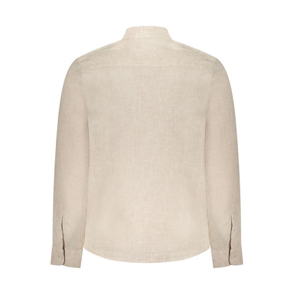 Back view of North Sails Beige Linen Shirt with Korean collar and button cuffs, showcasing Ocean Positive embroidery.