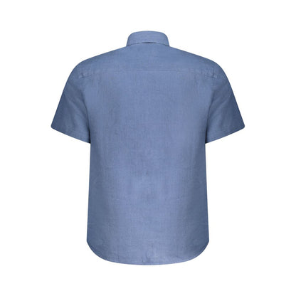 Back view of North Sails Blue Linen Shirt with short sleeves, Italian collar, embroidery, and Ocean Positive logo.