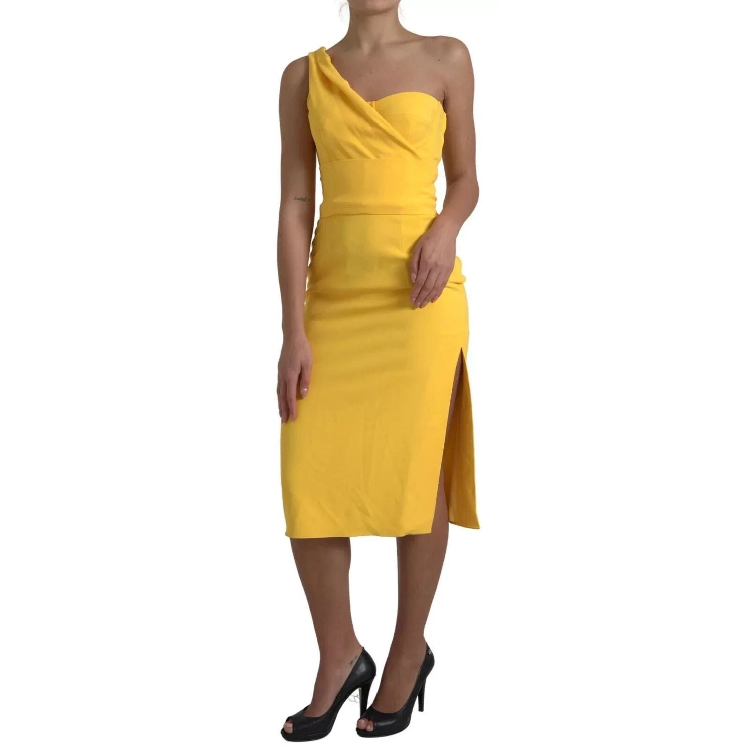 Dolce & Gabbana Yellow One Shoulder Slit Sheath Midi Dress