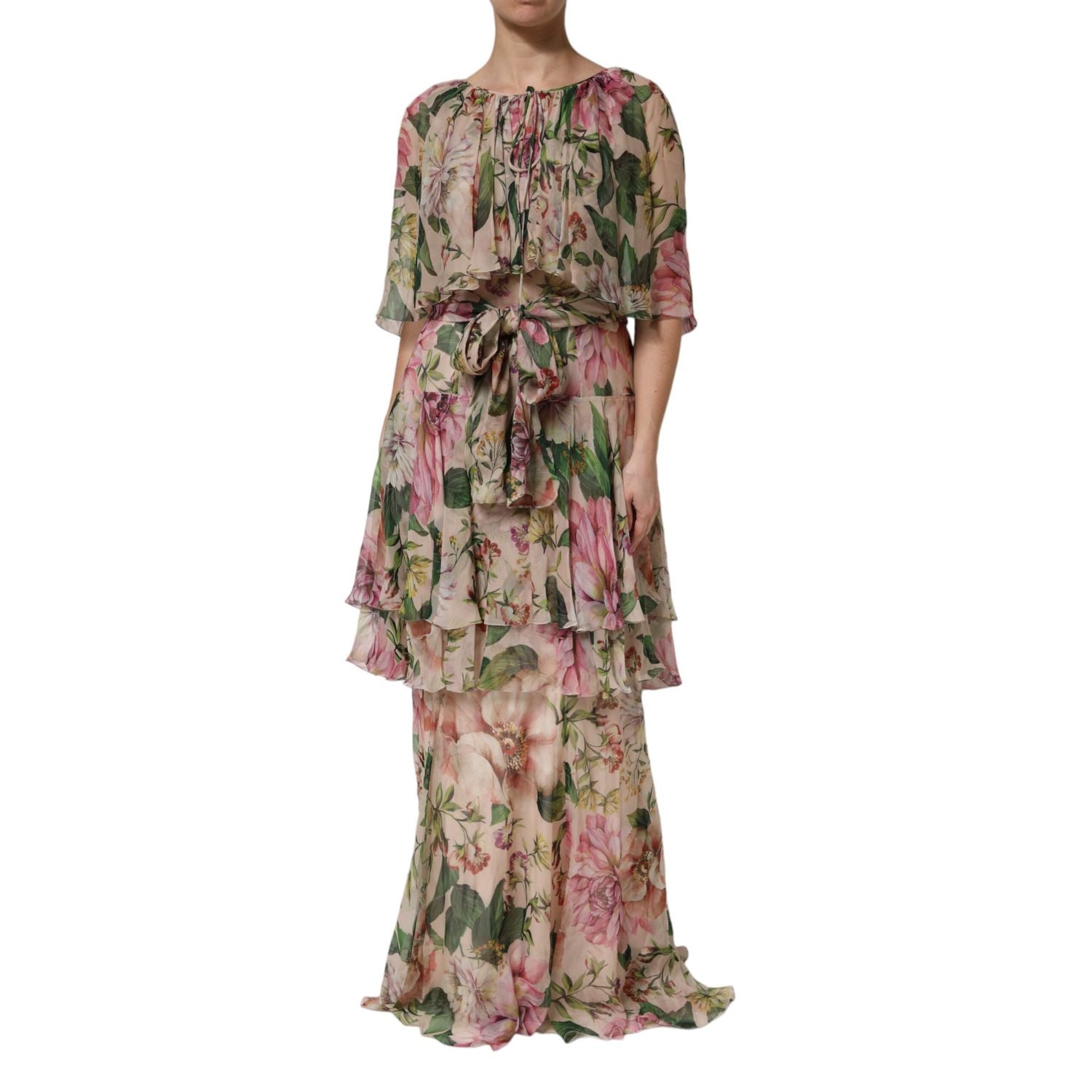Dolce & Gabbana Pink Floral Print Tiered Long Maxi Dress