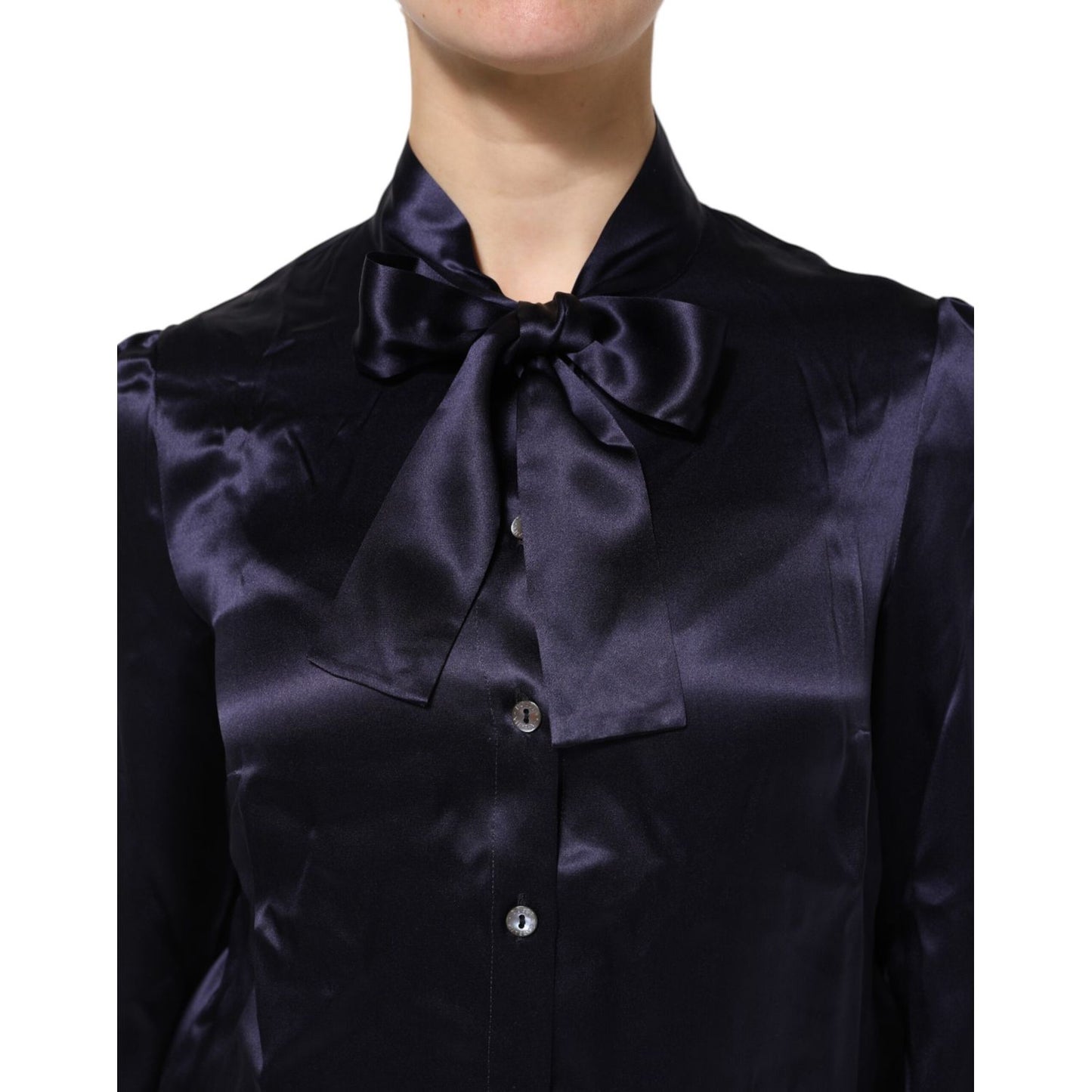 Dolce & Gabbana Dark Purple Silk Ascot Collared Blouse Top
