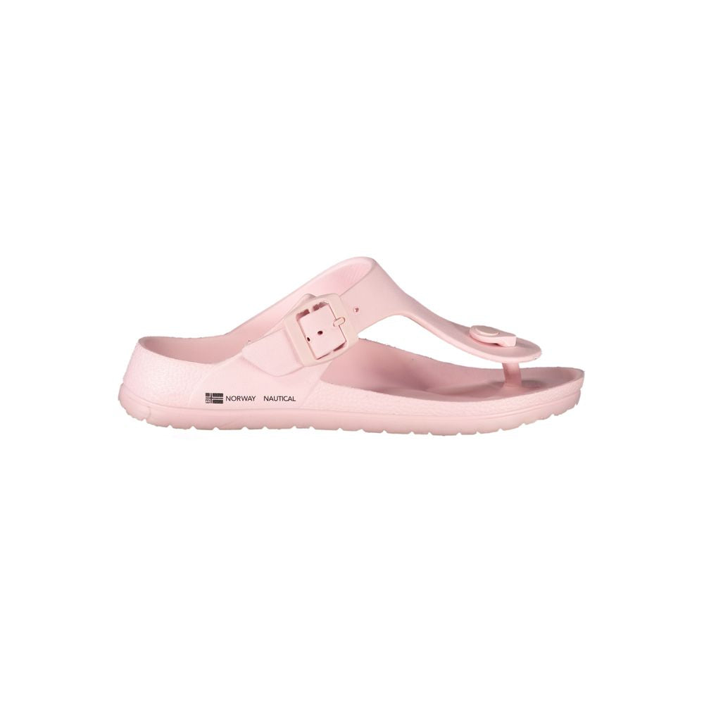 Norway 1963 Pink Plastic Women Sandal with adjustable buckle; ideal for summer wear, showcasing chic pink design and brand logo.