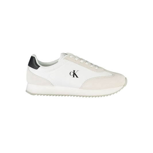 Calvin Klein White Leather Men Sneaker with black accents and sleek logo design for stylish comfort.