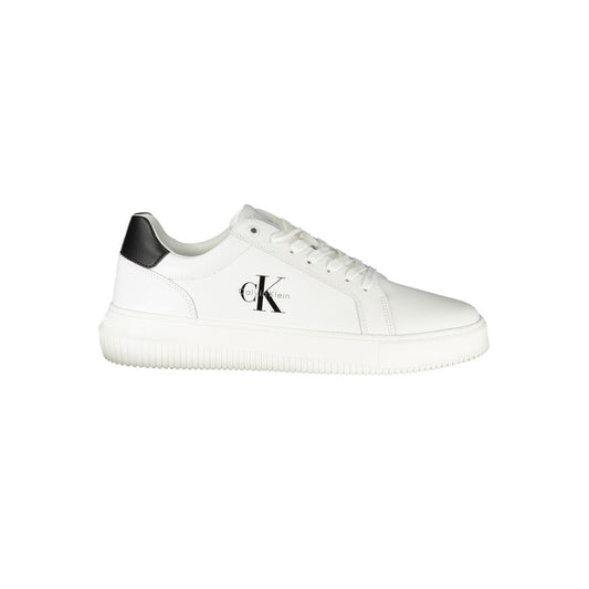 Calvin Klein White Leather Men Sneaker with black accents and logo, featuring removable footbed for comfort and lace-up design for perfect fit.