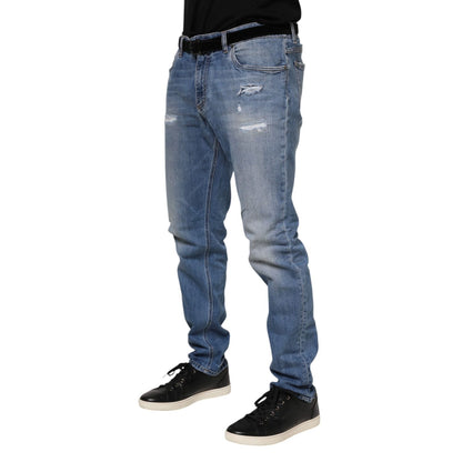 Dolce & Gabbana Blue Washed Tattered Logo Plaque Denim Jeans