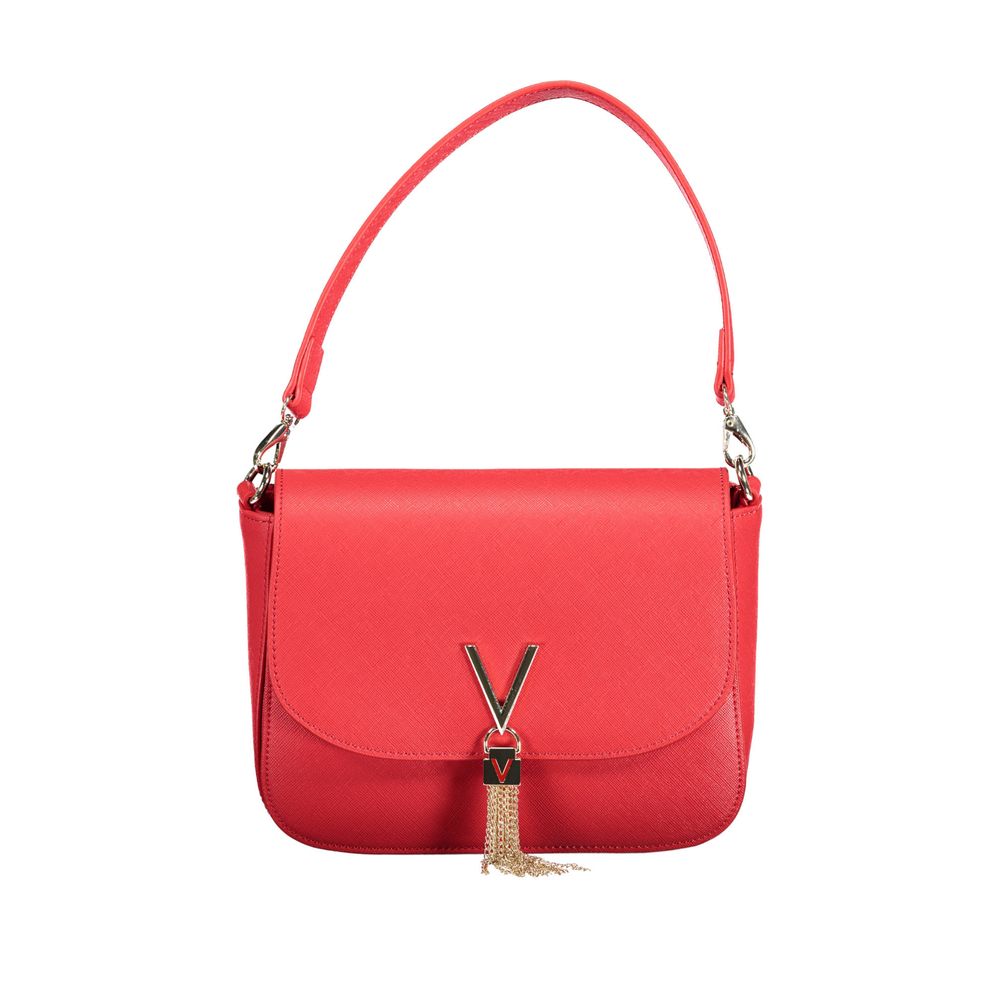 Alt Tag: Mario Valentino Red Polyethylene Handbag with logo, removable shoulder handle, external pocket, and contrasting details.