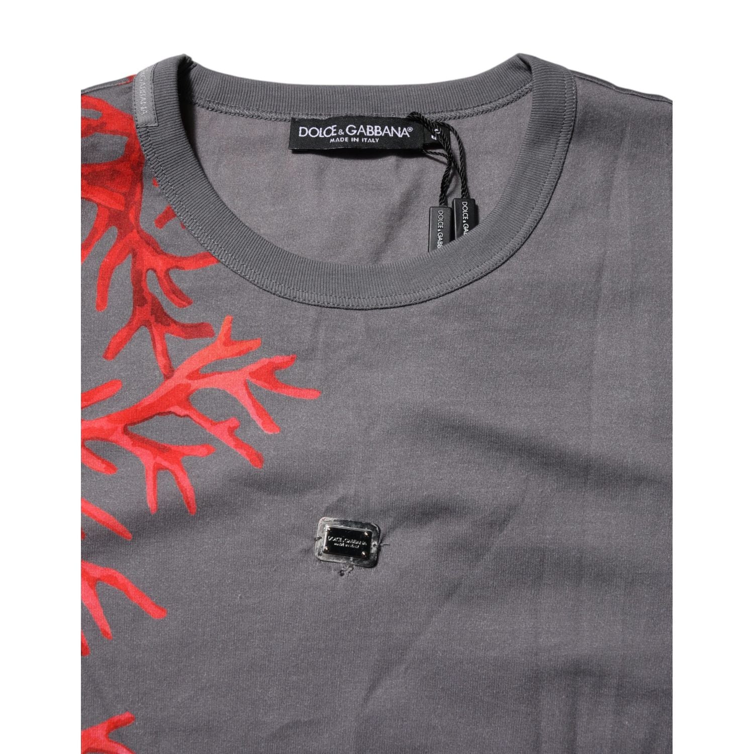 Dolce & Gabbana Gray Cotton Coral Print Logo Plaque T-shirt