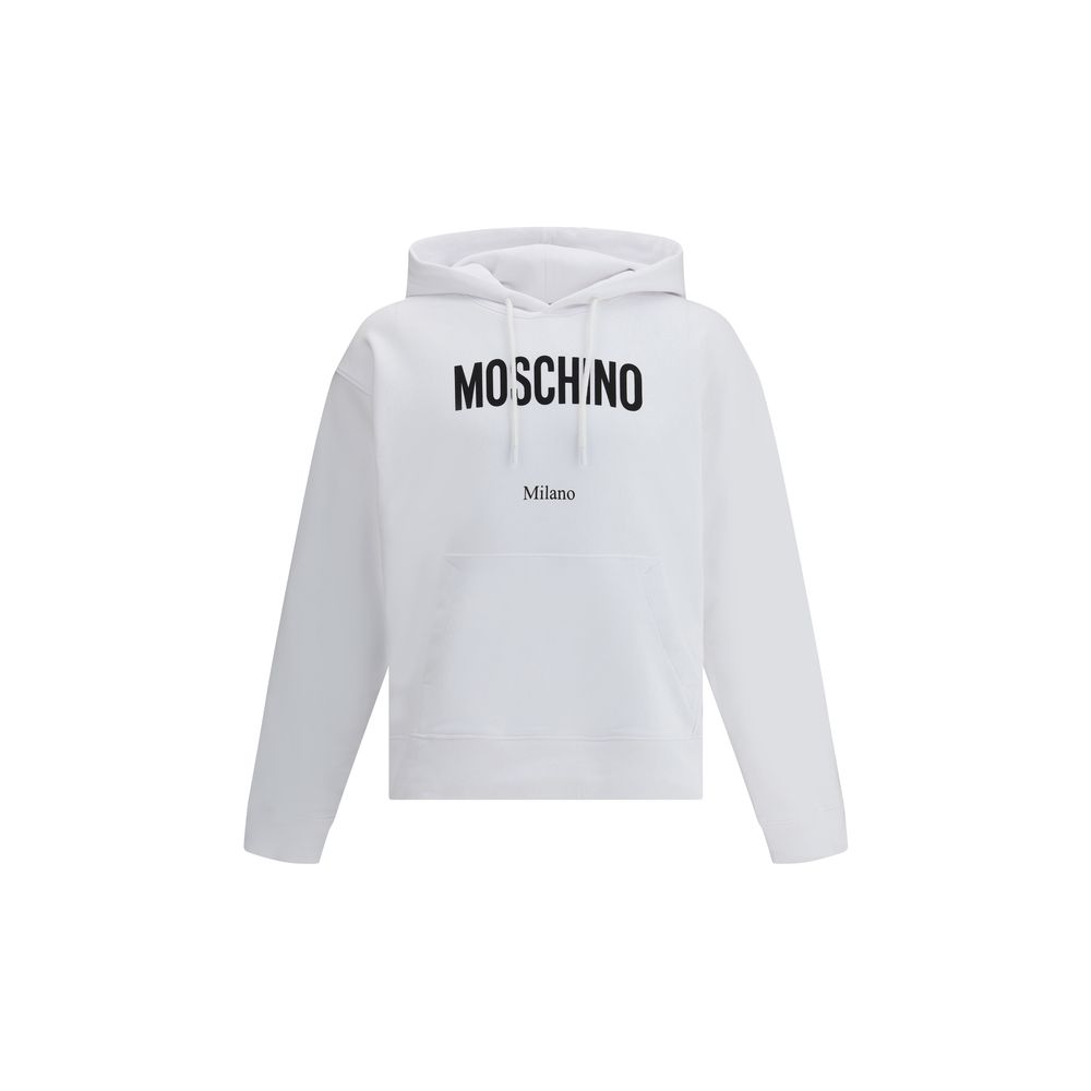 Moschino White Cotton Sweatshirt with printed monogram and pouch pocket, featuring adjustable drawstring hood.