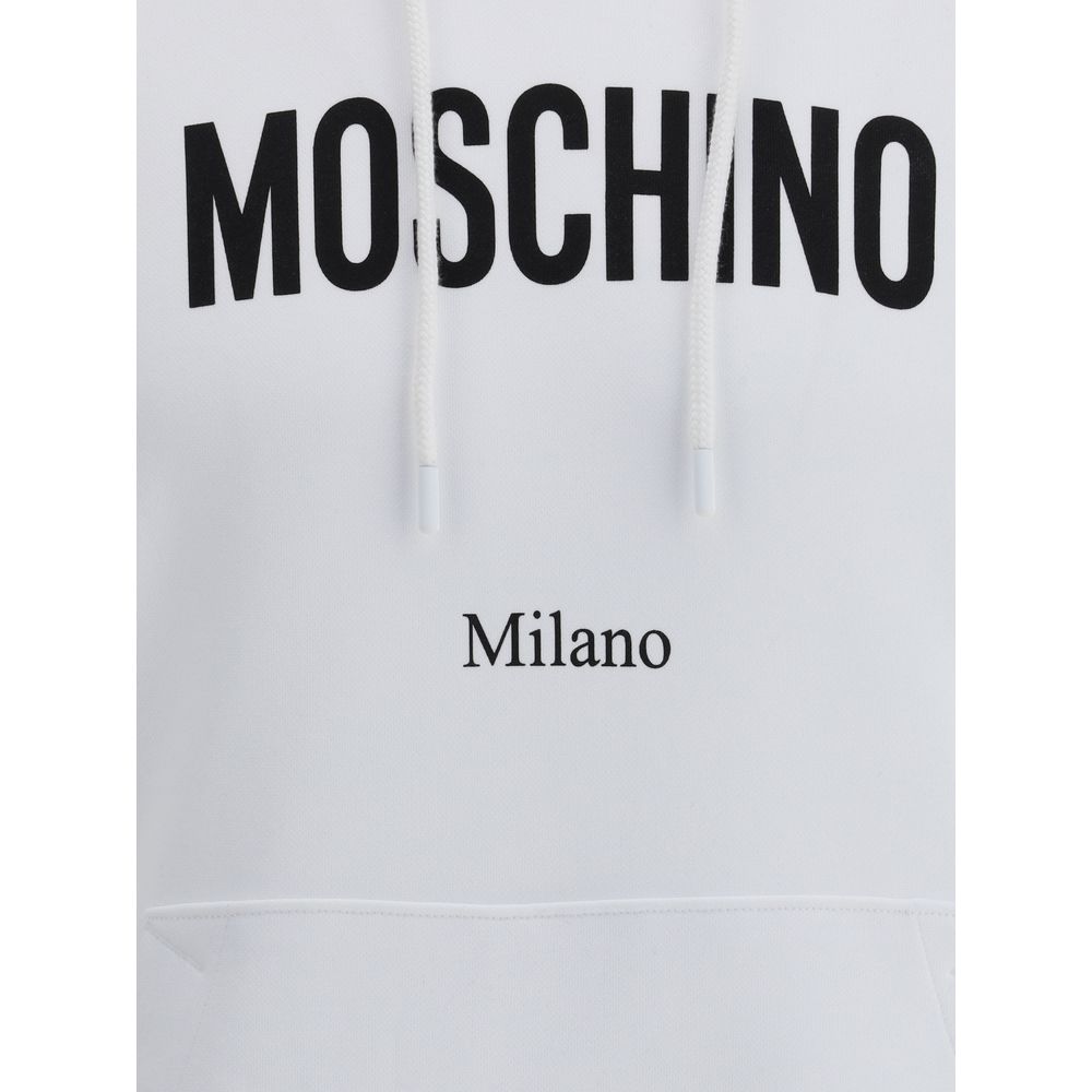 Close-up of Moschino White Cotton Sweatshirt with logo and drawstring hood.
