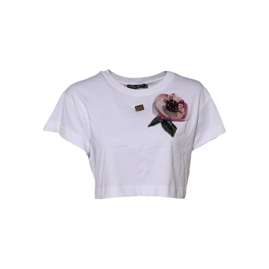 Dolce & Gabbana White Floral Lace DG Detailing Cropped T-shirt