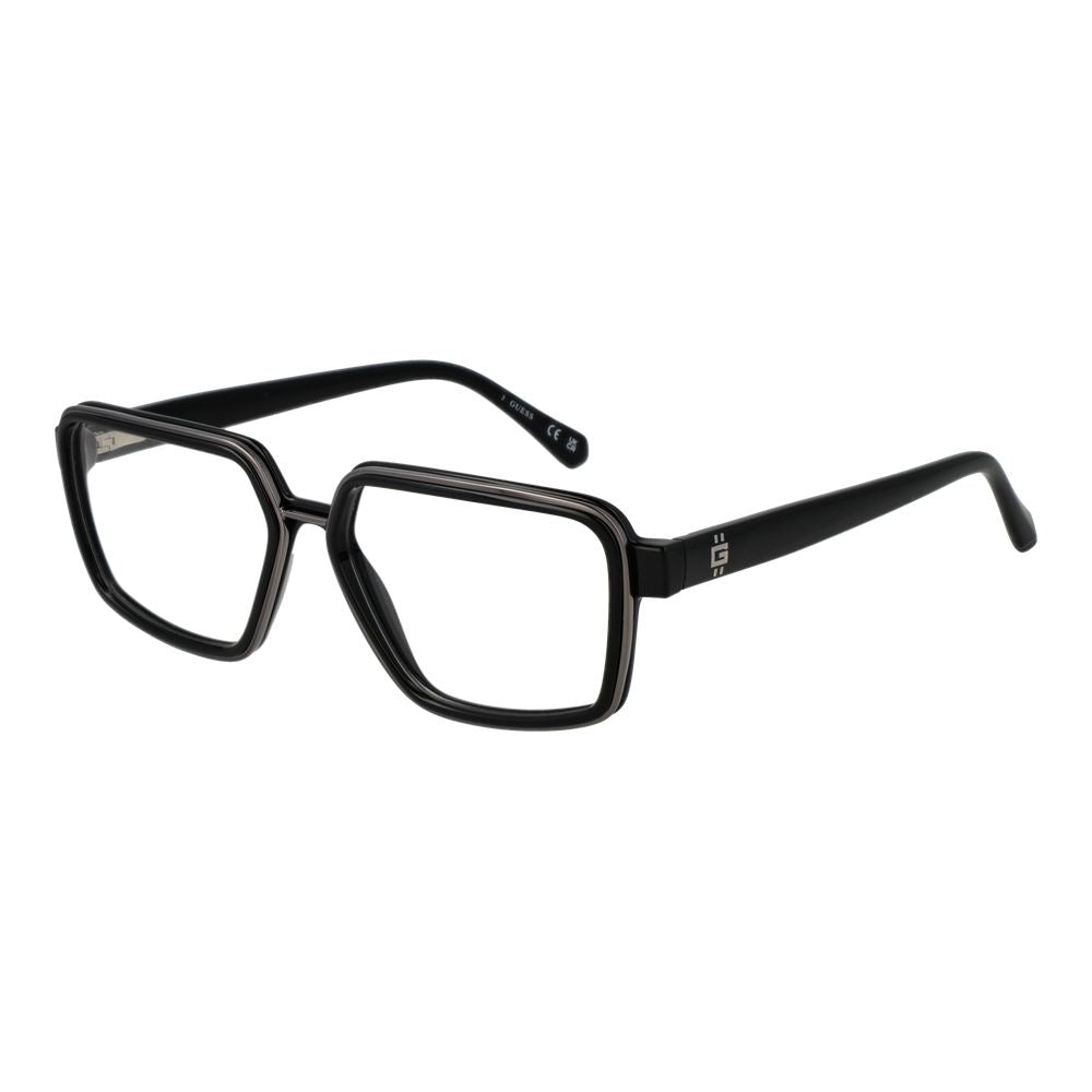 Guess Black Men Glasses Frame, rectangle style with black full-rim plastic frame and demo lenses, size 54-15-145, includes branded case.