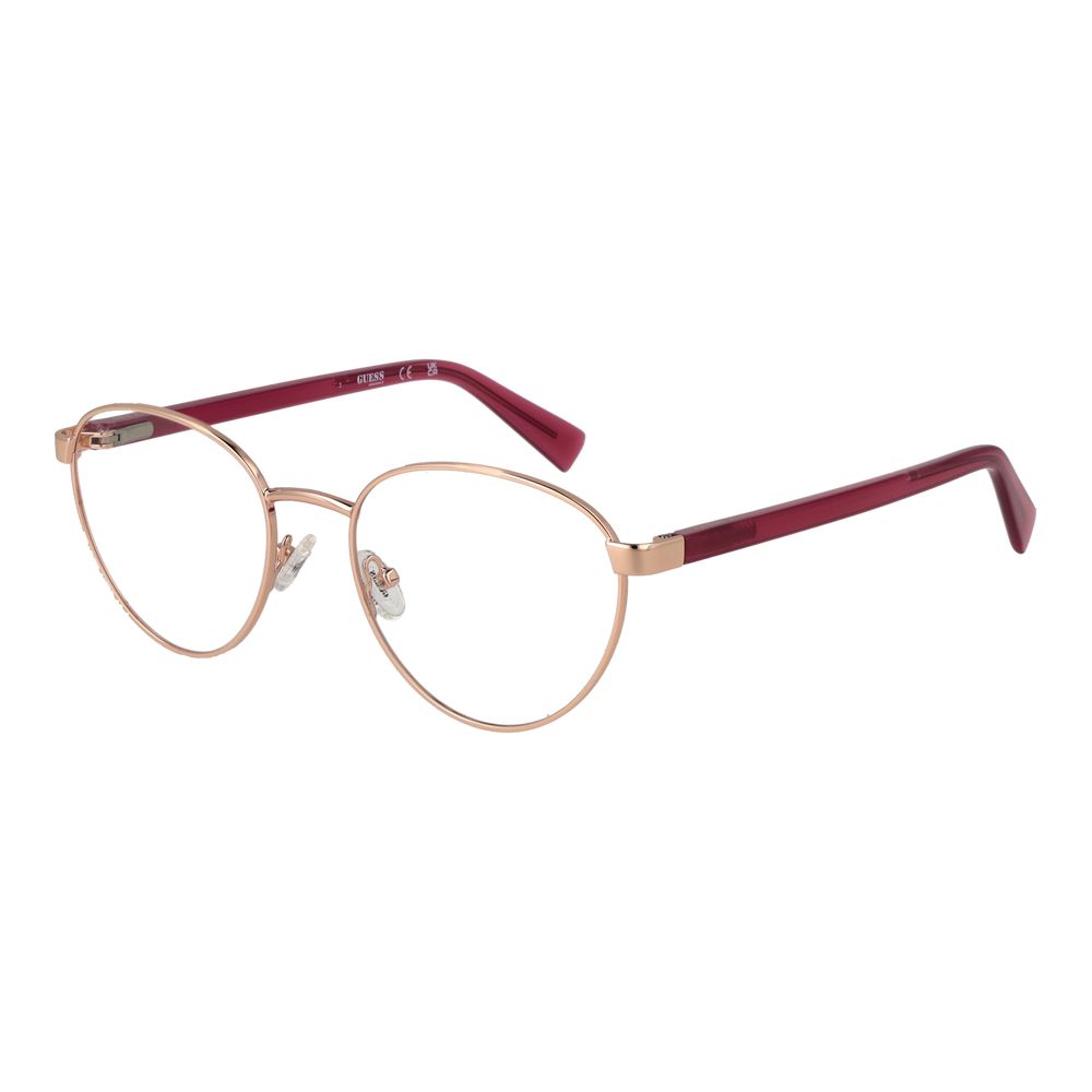 Guess Rose Gold Unisex Glasses Frame with metal full-rim, round style, demo lenses, and branded case included.